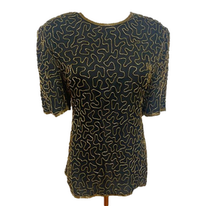 80s BLACK SILK TOP W SWIRLING BEADED ALLOVER DESIGN PADDED SHOULDERS VGC L